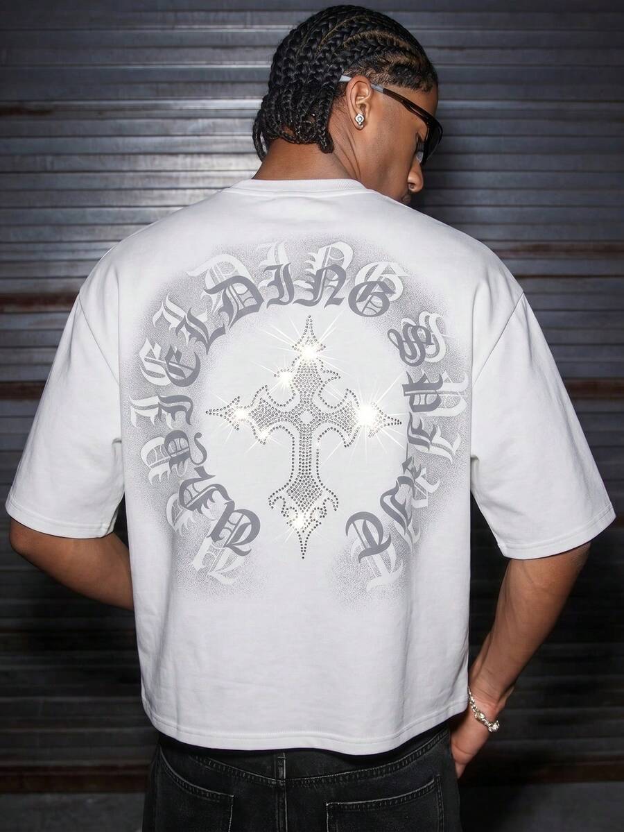 AXEPEAK 男士休闲十字架字母印花水钻T恤，夏季款 - 白色 - 查看 1