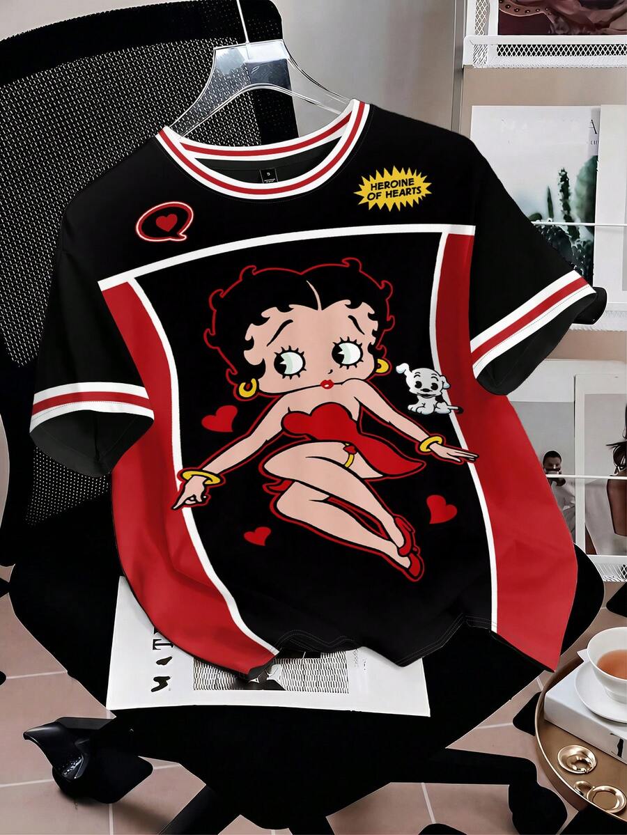 Attitoon Betty Boop x SHEIN 休闲简约运动街头风百搭派对机场穿搭,黑色红色街头情书图案学院风印花,音乐节必备,夏季休闲宽松圆领短袖T恤(女款) - 彩色 - 查看 1