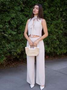 Andrea Bello 女装夏季肌肉简约日常老款风亚麻系带两件套，系带两件套，贝壳边饰无袖上衣和裤子套装，系带前教师装工作女装连衣裙两件套 - 杏色 - 查看 4