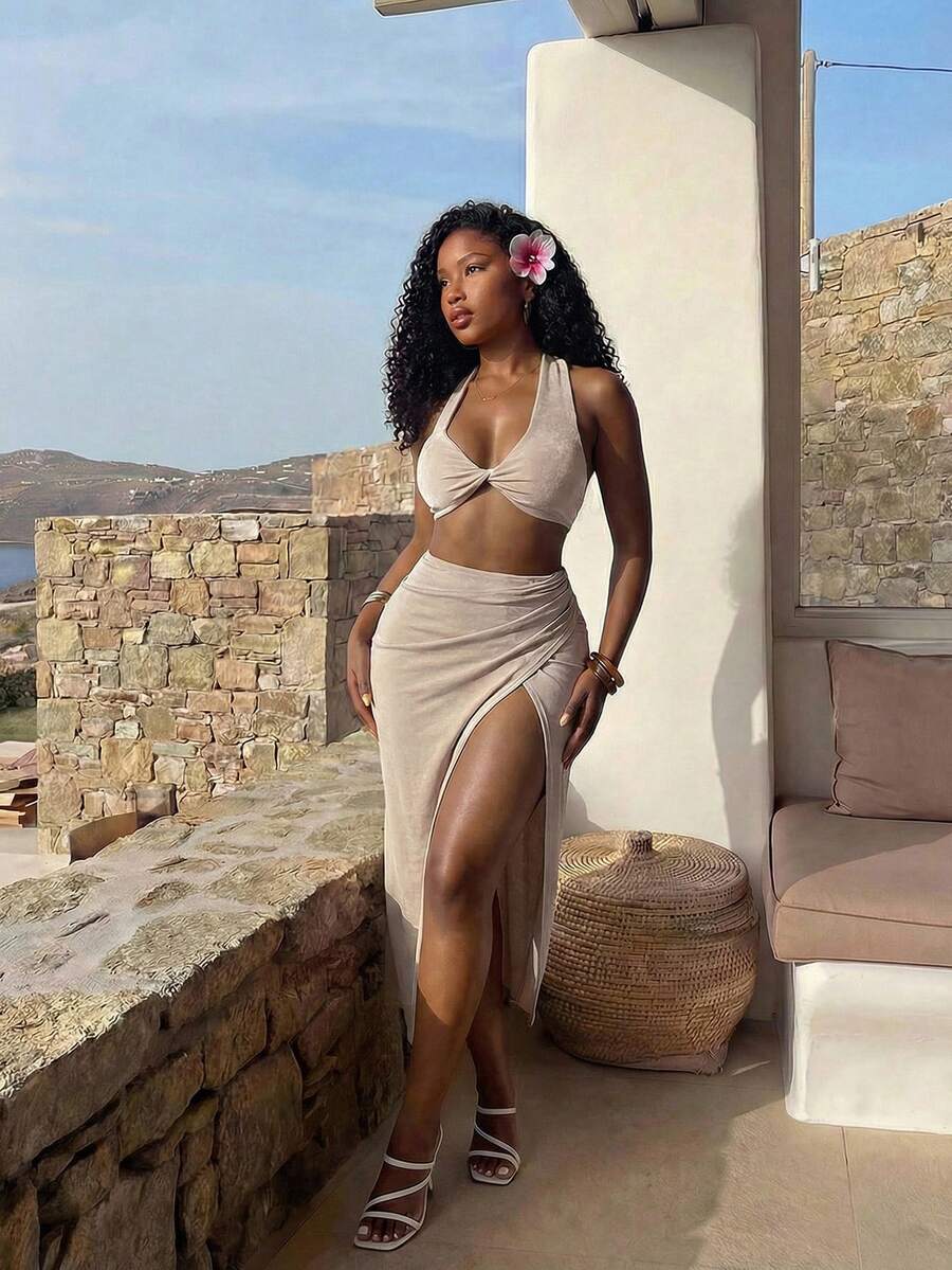 BamGleam Ensemble décontracté d'été pour femmes, tenue de vacances à la plage. Débardeur court sexy à une épaule kaki avec jupe mi-longue - Kaki - Voir 1