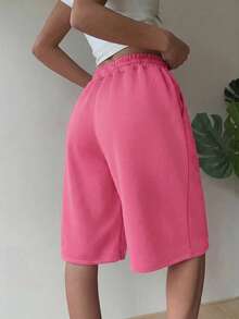Muchica 紫红色抽绳腰带休闲加大码女式短裤 - 玫紅色 - 查看 2