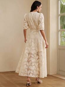 Anewsta Romantic French Style High-End Jacquard Petal Sleeve V-Neck Waist Flared Dress, Apricot Color, Suitable For Spring & Summer - Apricot - View 4