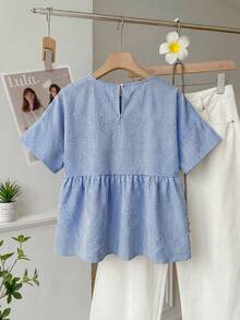 SHEIN EZwear 大码女式条纹宽松圆领短袖衬衫 - 藍白色 - 查看 2