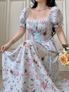 Vestido con cuello de volantes, mangas abullonadas, cintura con lazo y estampado de flores diminutas en patchwork, con estilo francés elegante para vacaciones - Azul - Ver 6