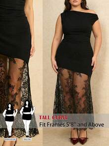 SHEIN Tall CURVE فستان أنيق بلون أحادي مع تصميم من الدانتيل غير متماثل الياقة وذيل سمكة - الأسود - مشاهدة 3