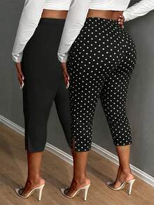 SHEIN SXY 2pcs Casual Retro Polka Dot Print Plus Size Women Black Leggings, Suitable For Spring/Summer, Music Festivals - Multicolor - View 2