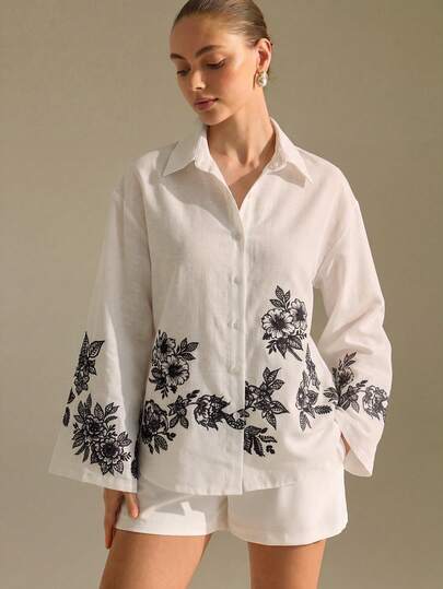 CLARA VERO Women's Floral Print Mandarin Collar Long Sleeve Linen Shirt With Hand-Embroidered Trim