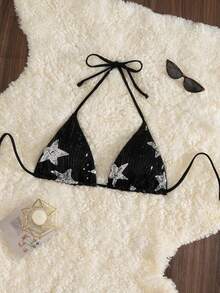 SHEIN Swim Contrast Color Star Sequin Halter Bikini Top, Sexy Micro Triangle For Summer Beach Vacation - Black and White - View 4