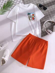 Setelan 2pcs/Set Kaos Lengan Pendek Motif Pohon Palem dan Celana Pendek Warna Polos untuk Anak Laki-laki, Pakaian Musim Panas Gaya Pulau untuk Akhir Pekan di Pantai, Liburan, Setelan Musim Panas untuk Anak Laki-laki - Jeruk - View 5