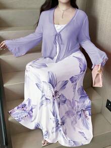 Vibekara Bộ trang phục thường ngày dành cho nữ cỡ lớn, gồm váy in hoa và áo khoác cardigan màu trơn. - Nhiều màu - Xem 3