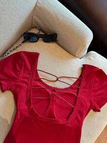 Airaco 镂空后背加厚短袖T恤 - 酒紅色 - 查看 4