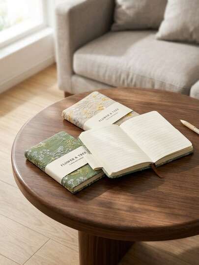 Cirelle 1本A6不规则刺绣花卉笔记本，亚麻布内页，学生日记本，绿色和黄色封面，男女皆宜，适合家庭和办公室使用，精美礼品。