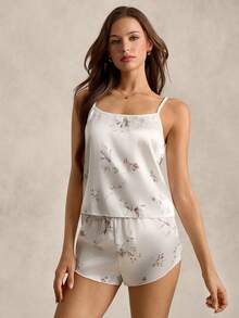EverLounge Conjunto de pijama de cetim com estampa floral / conjunto de pijama branco - Branco - Ver 3