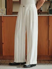 HIMLAND 男士休闲梭织弹力腰竖条纹锥形七分裤，秋季，Old Money - 黑與白 - 查看 1