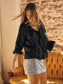 Aralina Ruffled V-Neck Long Sleeve Front Tie Blouse - Black - View 6