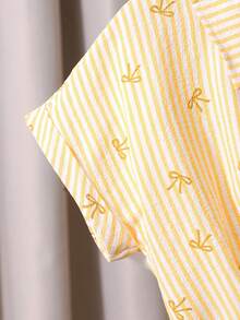 2pcs/Set Girls Pink Striped Textured Fabric Short Sleeve Shirt And Casual Pants,Cute Summer White Family Matching Outfit,Collared Button-Up Bow Top - Yellow - View 6