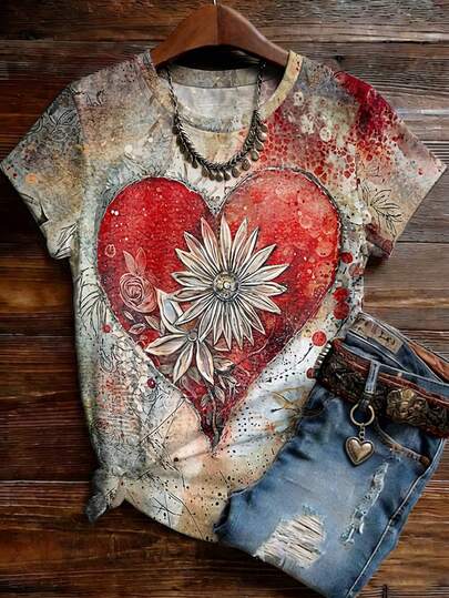 EMERY ROSE Plus Size Boho Chic Heart & Floral Print T-Shirt ,Vintage Artistic Sunflower Graphic Tee,Patriotic Red Accent Summer Top,Bohemian Concert Outfit, Perfect For Mother's Day Gift,Summer Casual