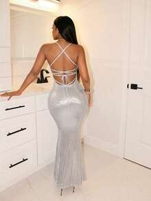 BamGleam Silver Back-Tie Maxi Dress | Sexy Slim Fit Party Dress For Women - Silver - View 2