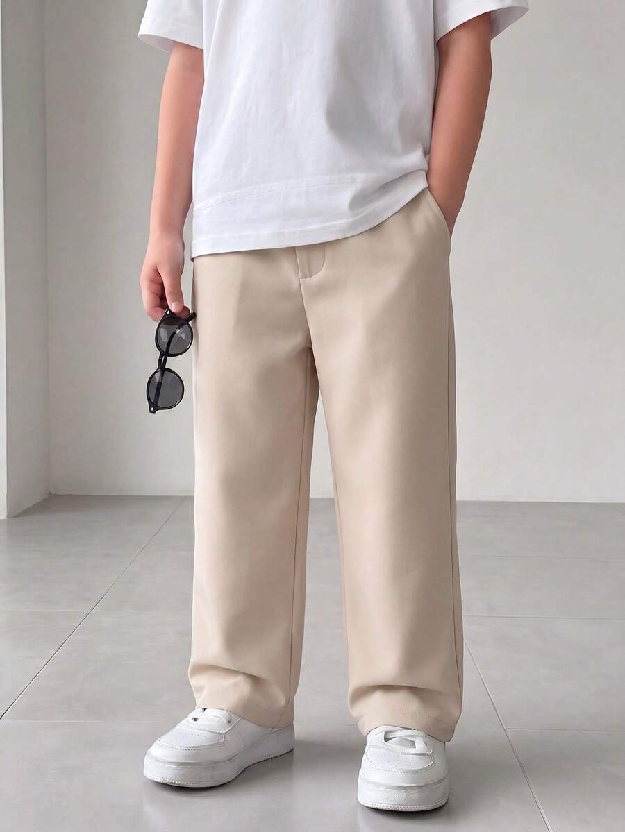 SHEIN Mirajuku Tween Boy Solid Color Elastic Waist Pleated Pocket Casual Tapered Pants - Khaki - View 1