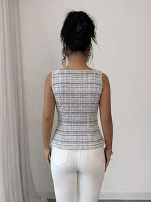 Elenzga Áo vest nữ thanh lịch, thời trang, chất liệu vải tweed dệt kim, cài khuy ngọc trai, cổ vuông, eo thắt, thích hợp cho kỳ nghỉ xuân hè. - Đen và trắng - Xem 2