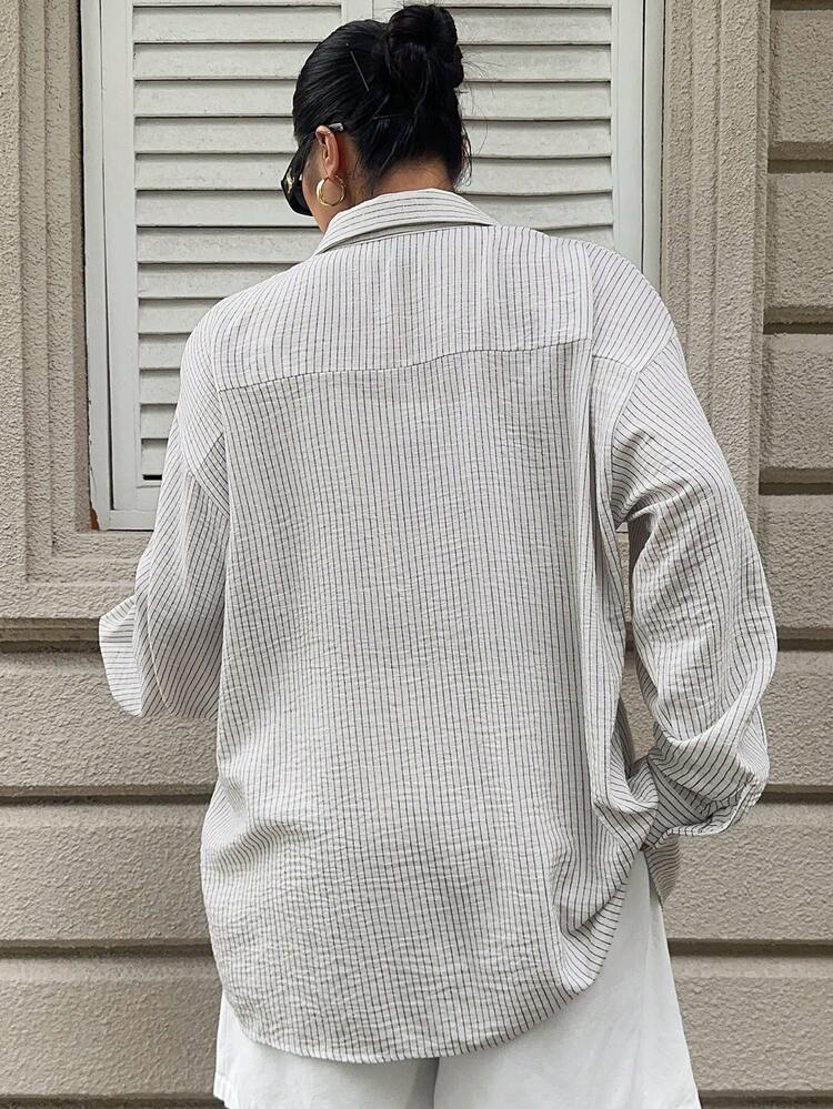 Dazy Plus Loose Turndown Collar Striped Casual Plus Size Long Sleeve White Shirt