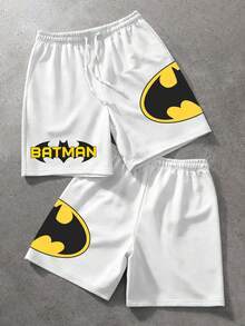 BATMAN X SHEIN Manfinity EMRG Quần short nam kiểu dáng thường ngày, in chữ và hình con dơi, có dây rút. - trắng - Xem 1