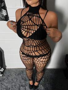 Whyspr 大码女士性感镂空网纱连体裤 - 黑色 - 查看 2