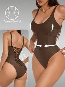 Shapewave Áo tắm liền thân có dây đeo điều chỉnh được dành cho nữ, gợi cảm và thời trang, thích hợp cho mùa xuân/hè. - màu nâu - Xem 5