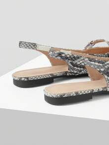 Mnmlis Zapatos planos de mujer con diseño de patrón de serpiente, hebilla de metal, cómodos y de suela blanda para uso diario - Negro - Ver 4