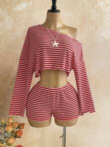 Soleia Women's Striped Asymmetrical Shoulder Long Sleeve Cropped T-Shirt And Shorts 2-Piece Set - Red - View 6