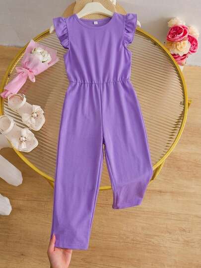 Mono informal con volantes y hombros descubiertos para niñas, pantalón ancho y fleece.
