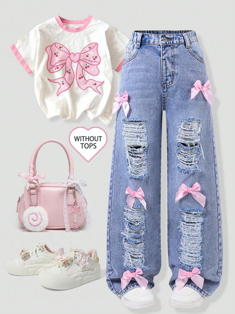 Tween Girls Summer New Light Blue Washed Heavy Ripped Bow Decorated Denim Long Pants Loose Straight Leg Sweet Cool Style Versatile Chic Summer Thin Bow Ripped Denim Pants Pink Dimensional Bowknot