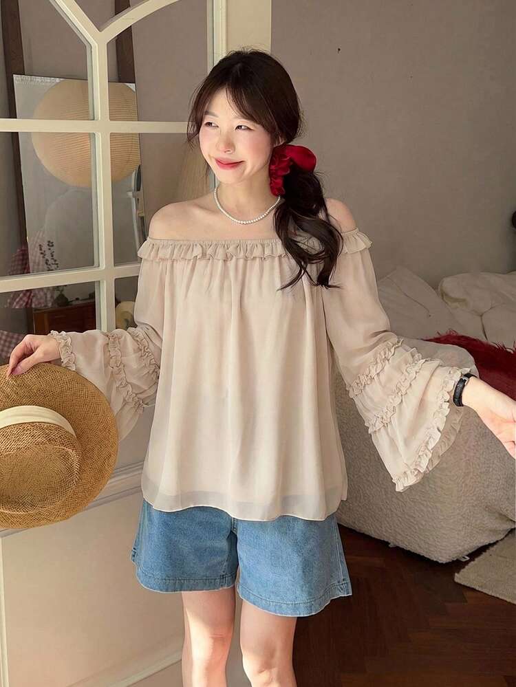 Women's Loose Solid Color Off-Shoulder Frill Trim Casual Vacation Summer Cover Up