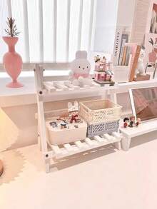 手工木制折叠式极简桌面收纳架，梯形桌面展示架，双层固定式储物架带横杆，适用于卧室、梳妆台、办公室、宿舍、咖啡厅、厨房 - 彩色 - 查看 8