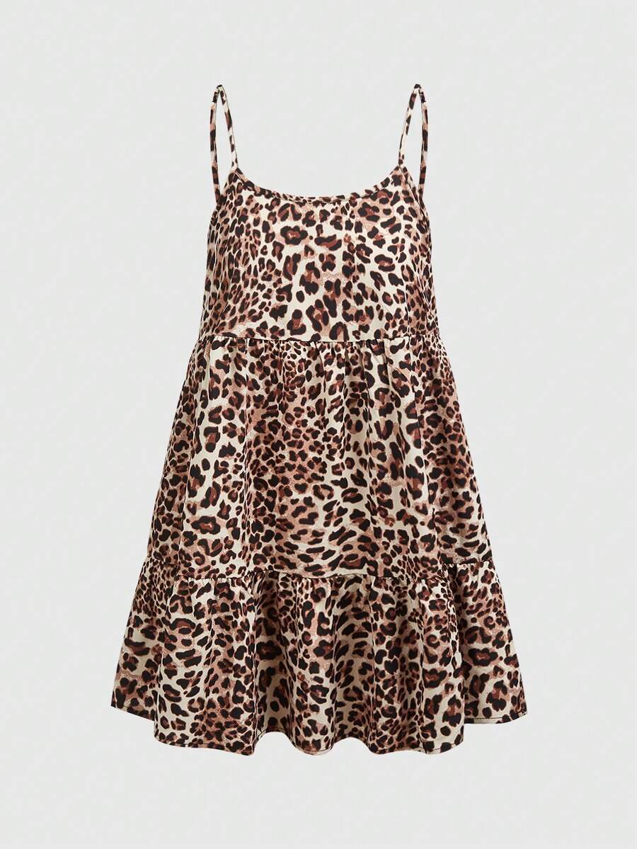 SHEIN EZwear 女士豹纹编织吊带迷你连衣裙 - 卡其色 - 查看 1