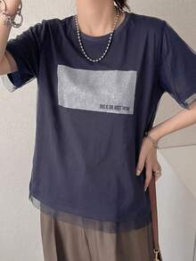 FRIFUL 女款夏季素色拼接透視網眼寬鬆休閒百搭圖案T恤 - 藏蓝色 - 查看 5