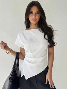 Firerie 休闲优雅格纹不对称下摆衬衫，适合通勤、日常休闲和时尚商务穿着/秋季女装/返校季/教师装/外出上衣/商务休闲女装/条纹衬衫/商务休闲女装/教师衬衫 - 白色 - 查看 4