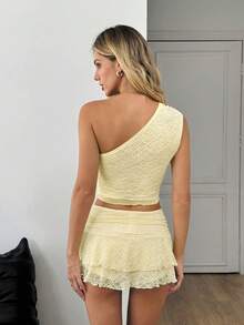 SHEIN Cream Yellow Lace Texture Open Shoulder Top Paired With Playful Mini Lace Skirt/Shorts, Women 2 Pieces Set/Lace 2 Pieces Set/Resort 2 Pieces Set - Light Yellow - View 2