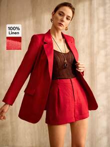 MOTF PREMIUM PANTALONES CORTOS DE LINO SÓLIDO PLISADOS CÓMODOS PARA MUJER, PRIMAVERA/VERANO - Rojo - Ver 2