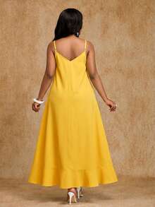 Brilight Women's Elegant Yellow Summer Tropical Garden Party Vacation Holiday Dress, Spaghetti Straps Irregular Lotus Leaf Hem Beach Sundress - Yellow - View 2