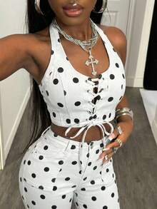 SHEIN Slayr Women's Polka Dot Denim Sexy Halter Top - Black and White - View 4