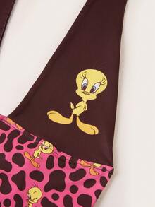 Slaydiva LOONEY TUNES X SHEIN Women's Casual Cartoon Collab Leopard Print Contrast Color Sexy Ruched Backless Halter Romper, Suitable For Summer - Multicolor - View 4