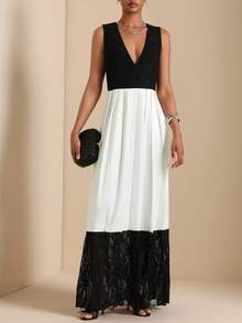 Vesra 女士深V领褶皱休闲派对中长连衣裙 - 黑與白 - 查看 1