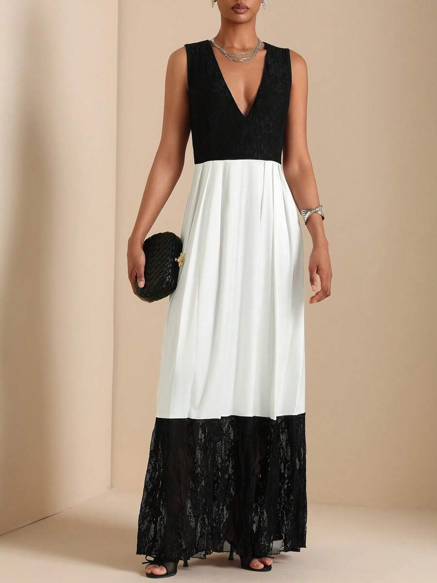 Vesra 女士深V领褶皱休闲派对中长连衣裙 - 黑與白 - 查看 1