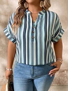 EMERY ROSE Camisa de talla grande con cuello en V a rayas de colores y mangas enrolladas - Multicolor - Ver 4