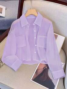 GlowEve Áo sơ mi nữ tay ngắn chất liệu chiffon có túi và cúc - Màu tím hoa cà - Xem 1