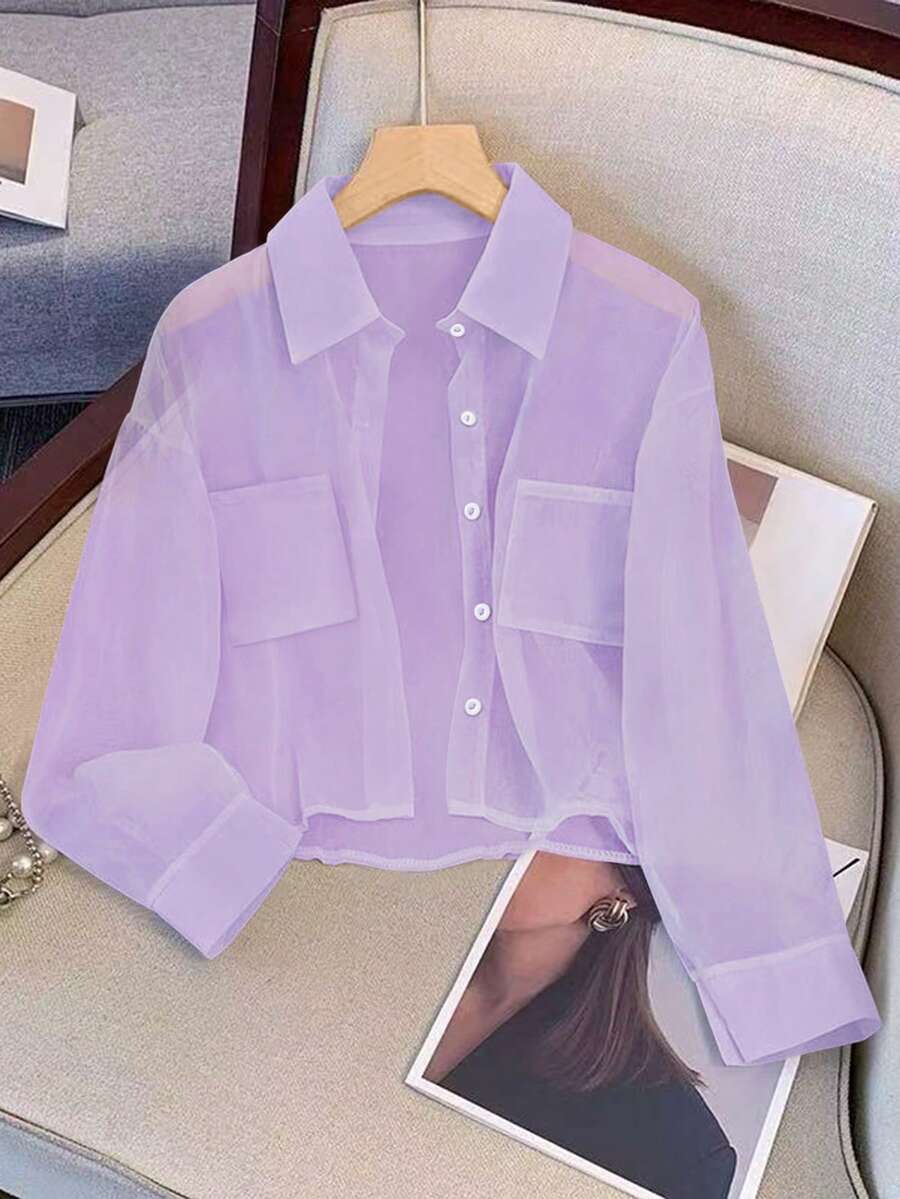 GlowEve Áo sơ mi nữ tay ngắn chất liệu chiffon có túi và cúc - Màu tím hoa cà - Xem 1