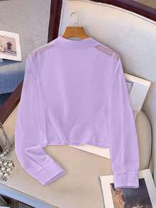GlowEve Áo sơ mi nữ tay ngắn chất liệu chiffon có túi và cúc - Màu tím hoa cà - Xem 2