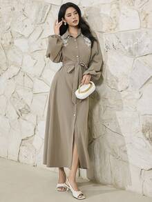 Heiryn Women's Elegant Commuter Floral Embroidered Front Button Long Dress - Grey - View 4