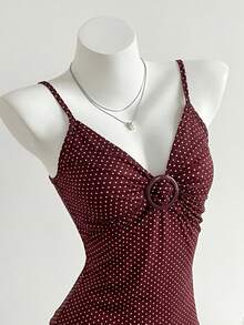 Elamini Women's Polka Dot Decorated Casual Tank Top, Suitable For Daily Wear And Vacation - Brown - View 3